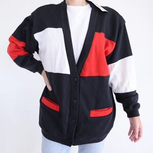 Vintage  Energie Black, Red & White Button Up Cardigan Med Deadstock